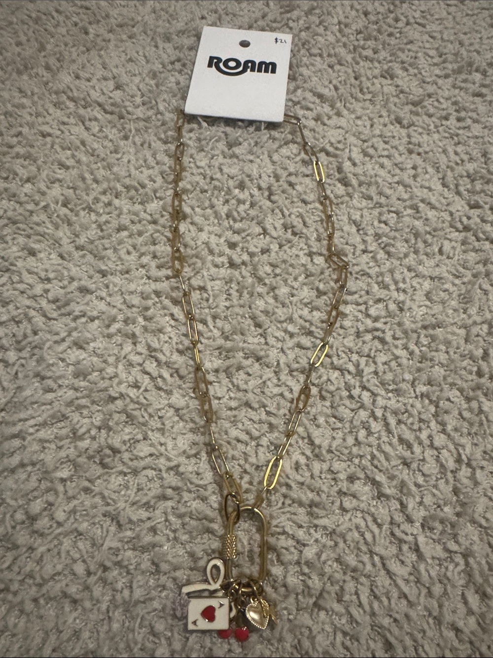 ROAM Gold-Tone Paperclip Chain Necklace with Red and White Charm Accents